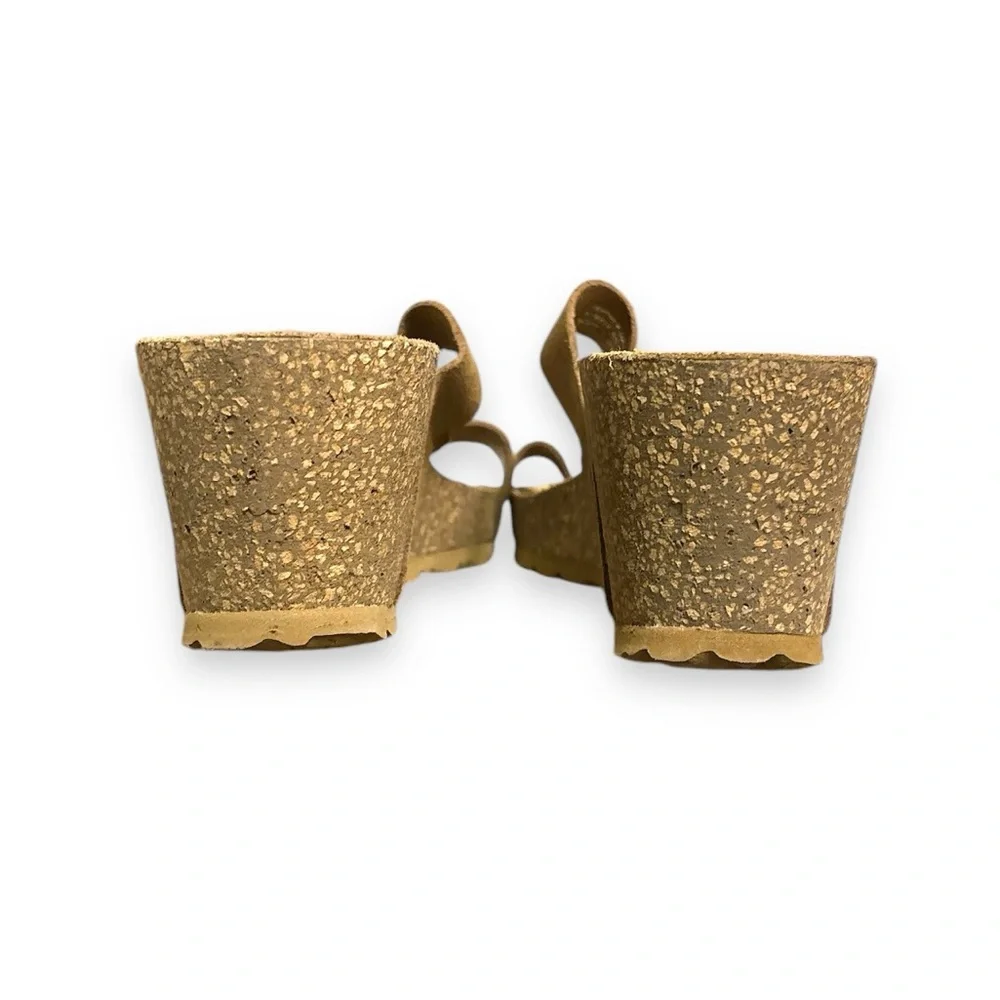 YOKONO Tan Suede Leather Two Strap Cork Wedge Sandals